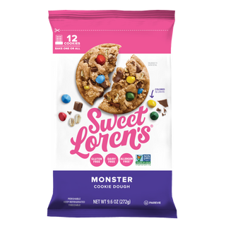 Package of Sweet Loren's Monster Cookie Dough with colorful candies on a white background